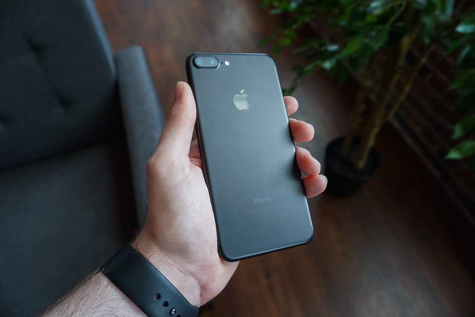 Main tenant un smartphone noir, devant un fauteuil et une plante